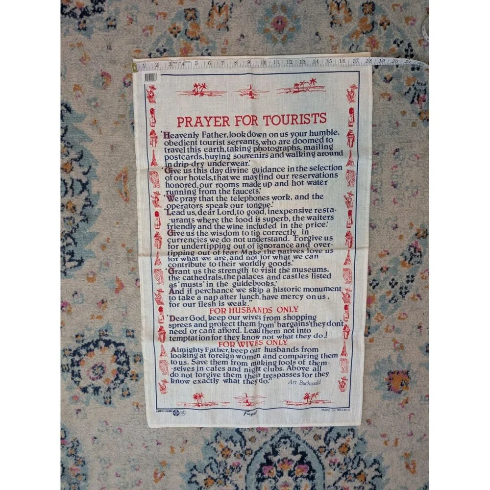 Vintage Fingal Irish Linen Souvenir Tea Towel Prayer for Tourists - Art Buchwald